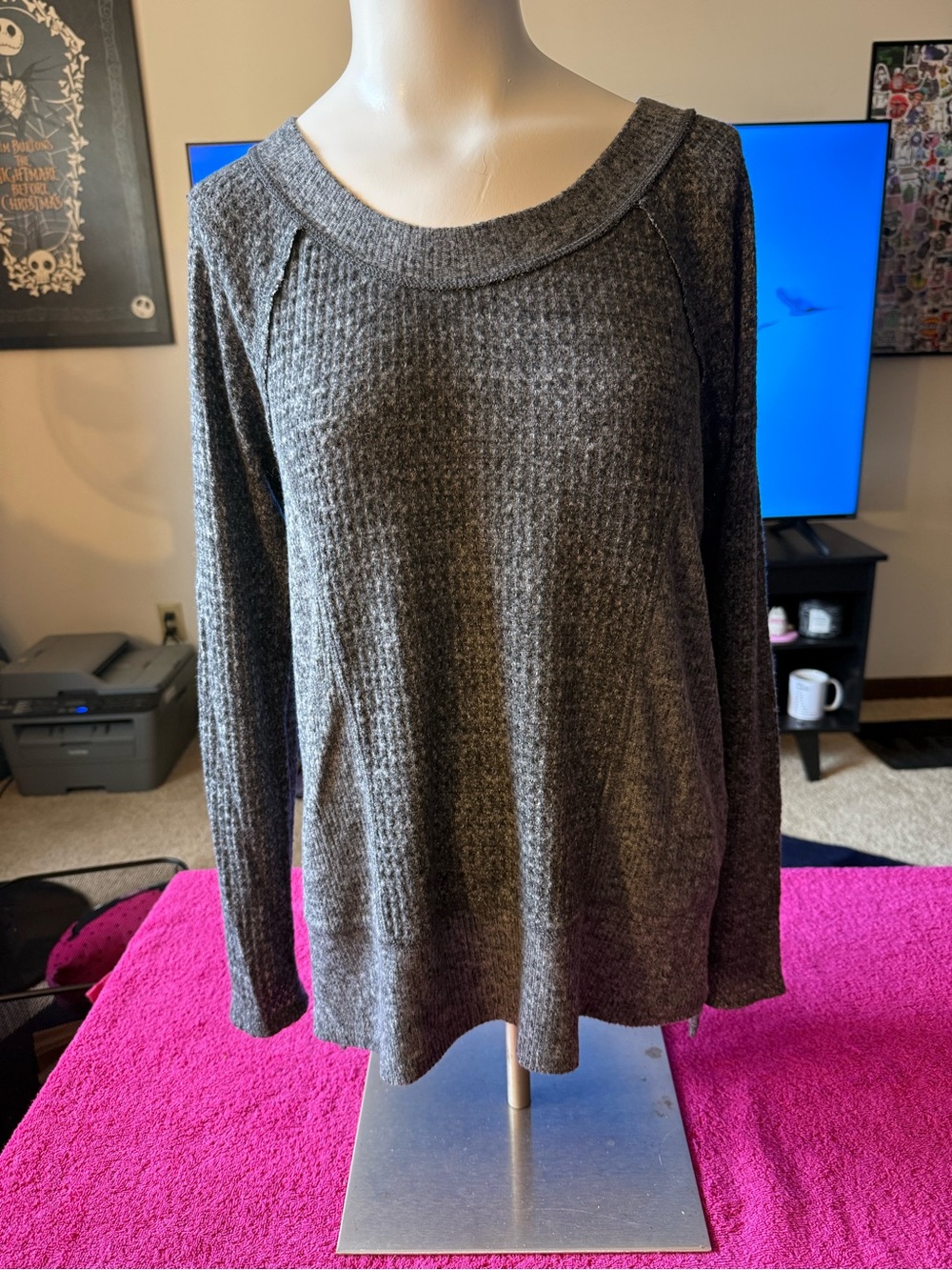 Cozy Charcoal Waffle Scoop Neck Sweater